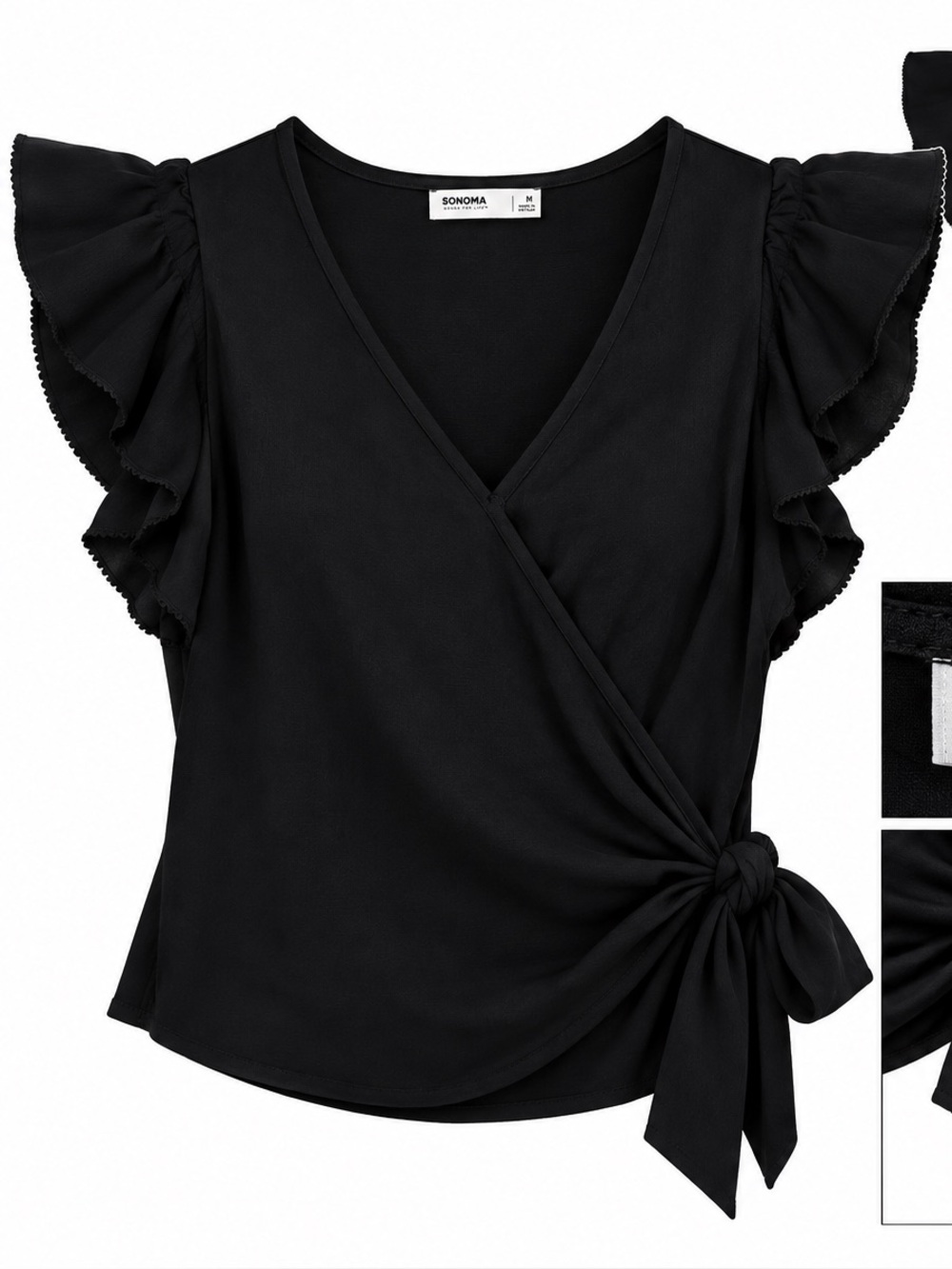 SONOMA Black Wrap Top with Ruffled Cap Sleeves